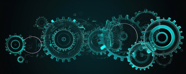Fototapeta Abstract 3D gears on dark background. Concept of gear mechanics and cog mechanics. Digital polygonal mesh with points, lines and shapes. mechanical engineering wireframe. Generative AI obraz