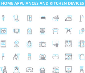 Home appliances and kitchen devices linear icons set. Refrigerator, Microwave, Blender, Toaster, Dishwasher, Oven, Juicer line vector and concept signs. Coffee maker,Slow cooker,Air fryer outline