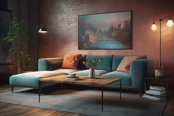 Living room wall poster mockup. Interior mockup with house background. Modern interior design. 3D render
