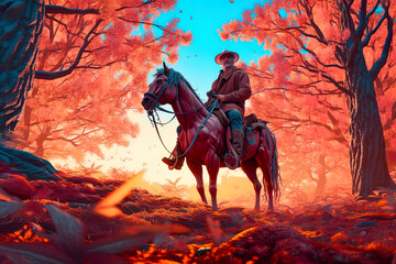 A man riding on the back of a horse through a forest. AI generative.