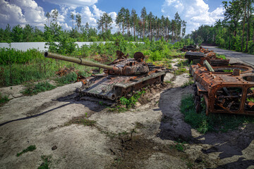 07 August 2022, Ukraine, 15 km near Kyiv to the northwest.
A group of destroyed Russian tanks near...