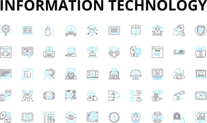 Information technology linear icons set. Digital, Nerk, Cloud, Cybersecurity, Coding, Analytics, Web vector symbols and line concept signs. Database,Hardware,Software illustration