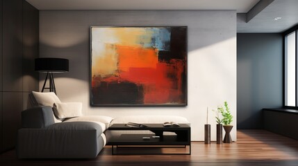 Living room with big art wall and sofa. AI generated