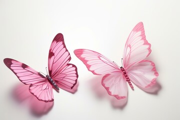 3 paper butterflies in pink on white background. Generative AI