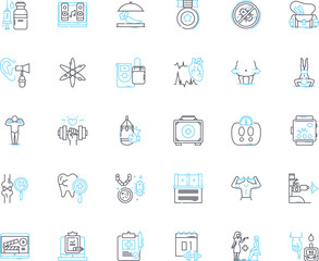 Patient care linear icons set. Compassion, Empathy, Respect, Quality, Safety, Comfort, Communication line vector and concept signs. Dignity,Understanding,Concern outline illustrations