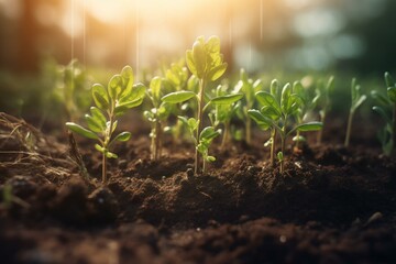 Growing seedlings in rich soil symbolize business growth, profit, development, success. Generative AI