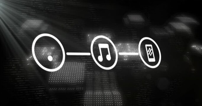 Animation of icons connected with lines over binary codes and illuminated dots forming squares