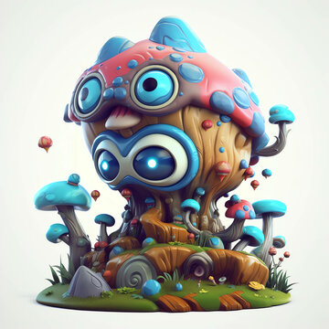 Cityscape Wonderland Cyberpunk-Styled 3D Render Monster Mushrooms