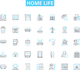 Home life linear icons set. Comfort, Cozy, Family, Love, Memories, Laughter, Warmth line vector and concept signs. Sanctuary,Relaxation,Routine outline illustrations