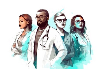 Professional doctors team illustration over white background. Generative AI