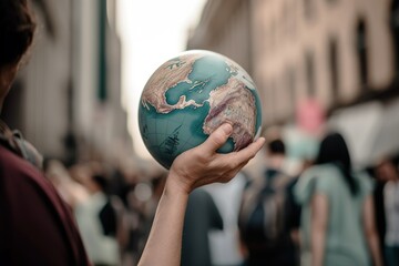 Protest against climate change with close up to hand holding Earth globe. Generative AI