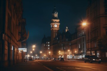 Fototapeta na wymiar City street at night, with street lights, foreground building, and clock tower in the background. Generative AI