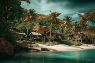 Fototapeta na wymiar Stunning tropical bay with pirate vibes and picturesque cottages surrounded by lush palm trees. Generative AI