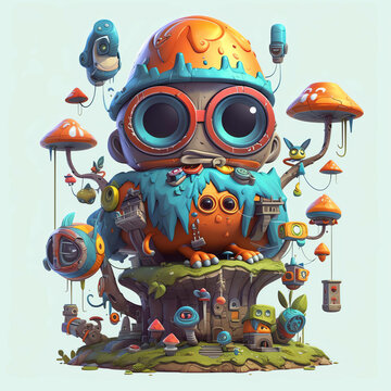 Cyberpunk Fantasy 3D Render Monster Mushrooms Amidst Urban Cityscape