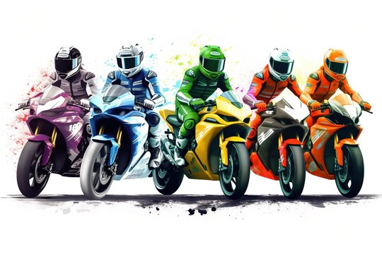Motorbike riders team with colorful suits over white background. Generative AI
