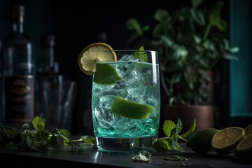 Close up of a Glass of Mojito, Ice Cubes, Herbs, Mint and Lime. Generative AI
