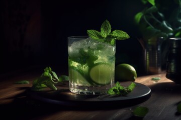 Close up of a Glass of Mojito, Ice Cubes, Herbs, Mint and Lime. Generative AI