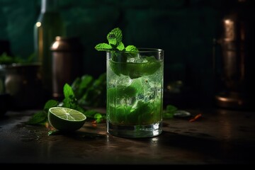 Close up of a Glass of Mojito, Ice Cubes, Herbs, Mint and Lime. Generative AI