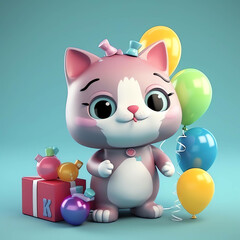 happy birthday adorable and cute colorful 3D cat character design illustration and wallpaper background