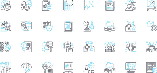Business records linear icons set. Bookkeeping, Accounting, Ledger, Balance, Receipt, Invoice, Audit line vector and concept signs. Expenses,Reconciliation,Depreciation outline illustrations