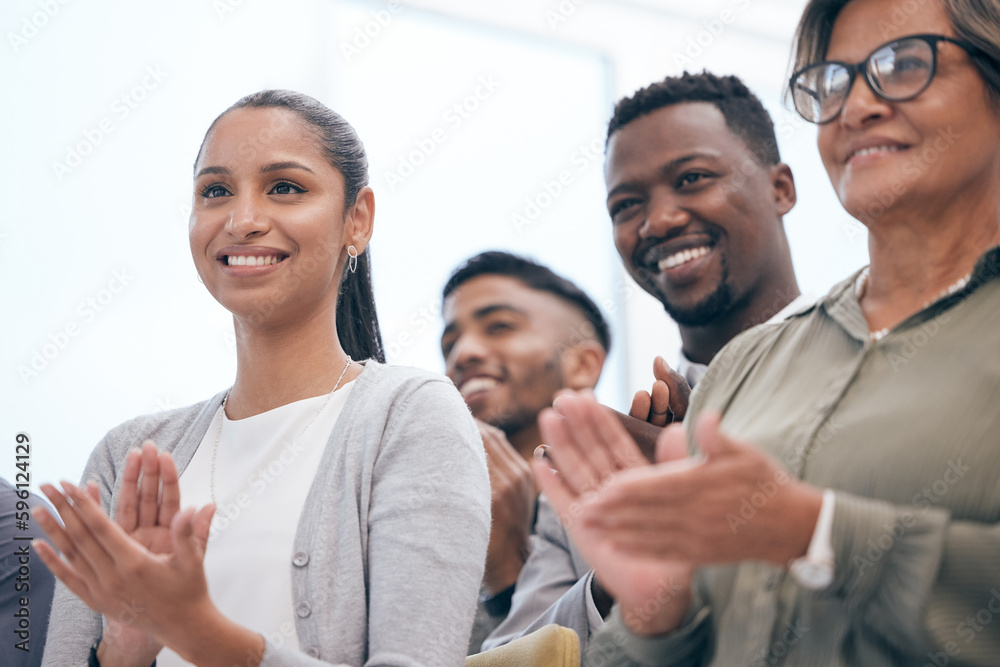 Poster we have to clap for that. a group of businesspeople clapping hands in a meeting at work.