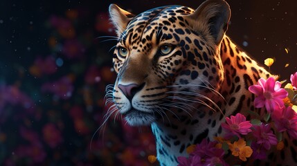 Fototapeta na wymiar majestic leopard with colorful flower, digital art illustration, Generative AI