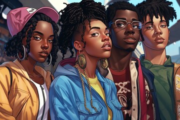 Fototapeta premium Digital illustration of African American Generation Z teenagers. Generative AI