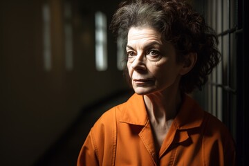 Mature woman in prison wearing traditional orange suit. Generative AI - obrazy, fototapety, plakaty