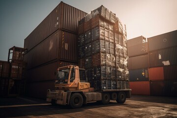 Realistic image of containers stacked with truck and forklift. Generative AI
