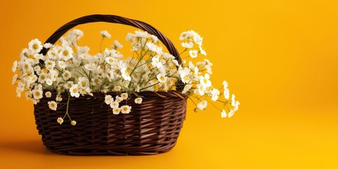 Fototapeta na wymiar Wicker basket with tiny white flowers over yellow background with copy space. Generative AI