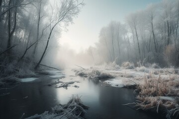 Obraz na płótnie Canvas A beautiful winter scene with a blizzard, frozen river, mist, fog, and frost in the trees. A cloudy, crisp morning. Generative AI