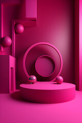Podium stands with decorations and glass spheres. New Year product display, selective focus on objects. Color of 2023 -Generative AI Image. Viva magenta