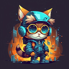 Futuristic Street Style cat on 3D Character Design with Trendy Earphones, Sweaters, and a Cyber City Backdrop generative ai