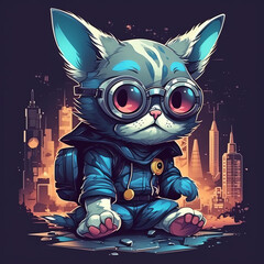 Neo Tokyo Style: Cyberpunk Cat Character in 3D Design with Trendy Earphones, Sweaters, and Cyber City Background generative ai
