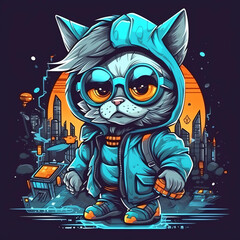 Retro-Futuristic Chic 3D cat Character Design with Trendy Earphones, Sweaters, and a City Background generative ai