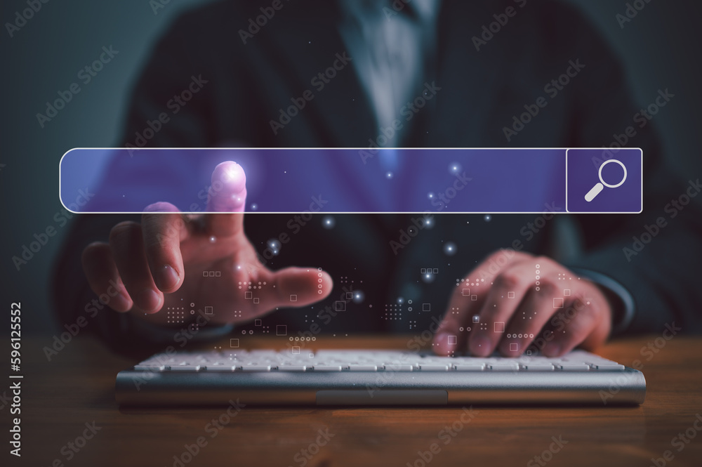 Aufkleber Man hand touching on search bar for Search Engine Optimization or SEO concept to find information or data by internet connection. Internet, network, database, information system.