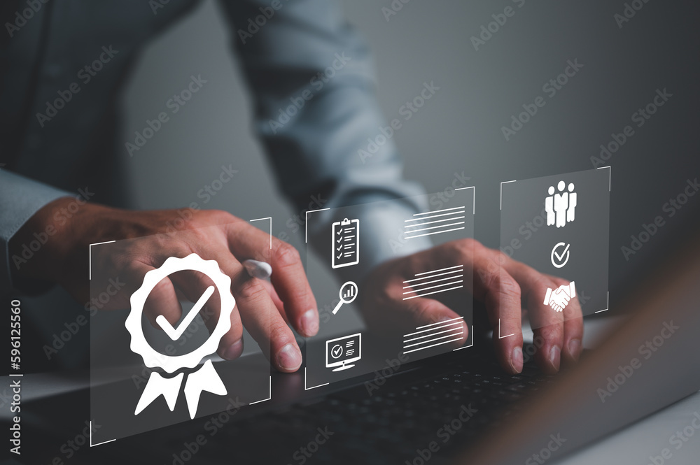 Poster businessman working with sign of the top service quality assurance, guarantee, standards, iso certif