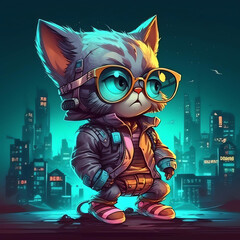 Synthwave Vibe Cyberpunk  cat Character in 3D Design with Trendy Earphones, Sweaters, and Cyber City Backdrop generative ai