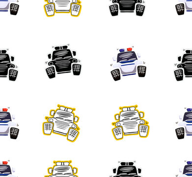 colorful front view offroad rescue car illustration in seamless pattern tiles