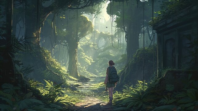 adventurer stand in lush jungle, digital art illustration, Generative AI
