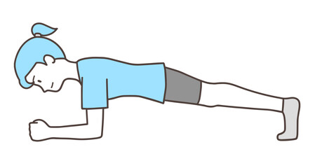 プランクをする女性、青