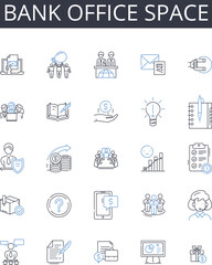 Bank office space line icons collection. Financial institution premises, Banking establishment area, Cash handling office, My management space, Deposit center, Loan office, Wealth management hub