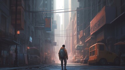 adventurer walk on city, digital art illustration, Generative AI