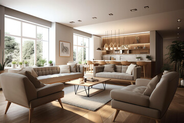Naklejka na ściany i meble The stylish and modern compostion at living room interior with sofa, wooden table, commode and elegant personal accessories 3d render, generative ai