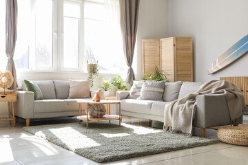 Fototapeta na wymiar Interior of light living room with surfboard, houseplants and sofas