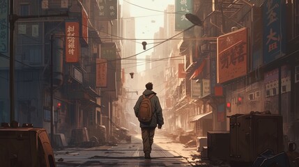 man walk on city, digital art illustration, Generative AI