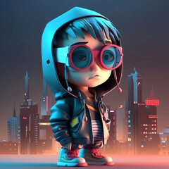 Immersive Cyberpunk Character with 3D Design, Trendy Earphones, and Sweaters in a Vibrant Cyber City Setting generative ai
