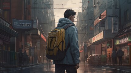 Obraz premium man walk on city, digital art illustration, Generative AI