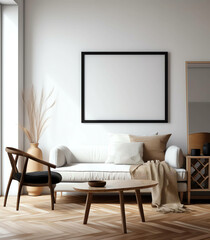 Modern Living Room Design, Minimalist white Concept with Frame Mockup. generative ai