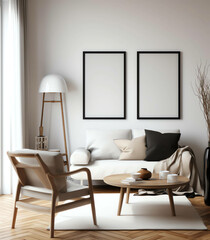 Modern Living Room Design, Minimalist white Concept with Frame Mockup. generative ai